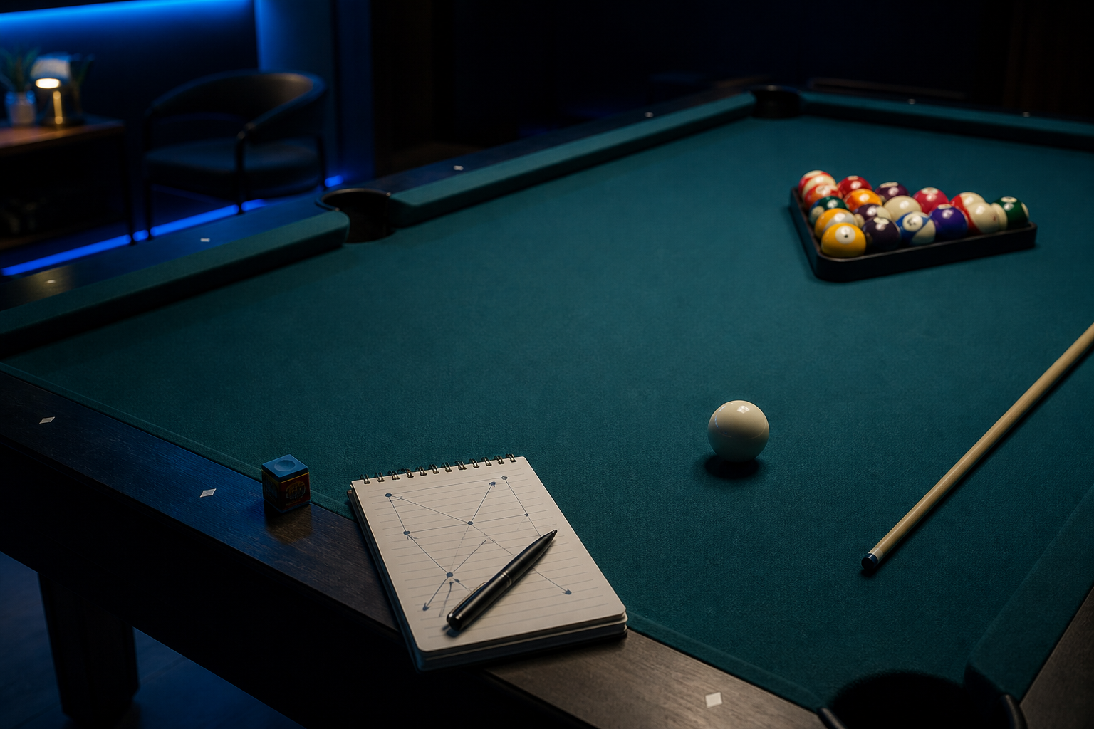 Pool table with chalk and a small notebook for planning drills.